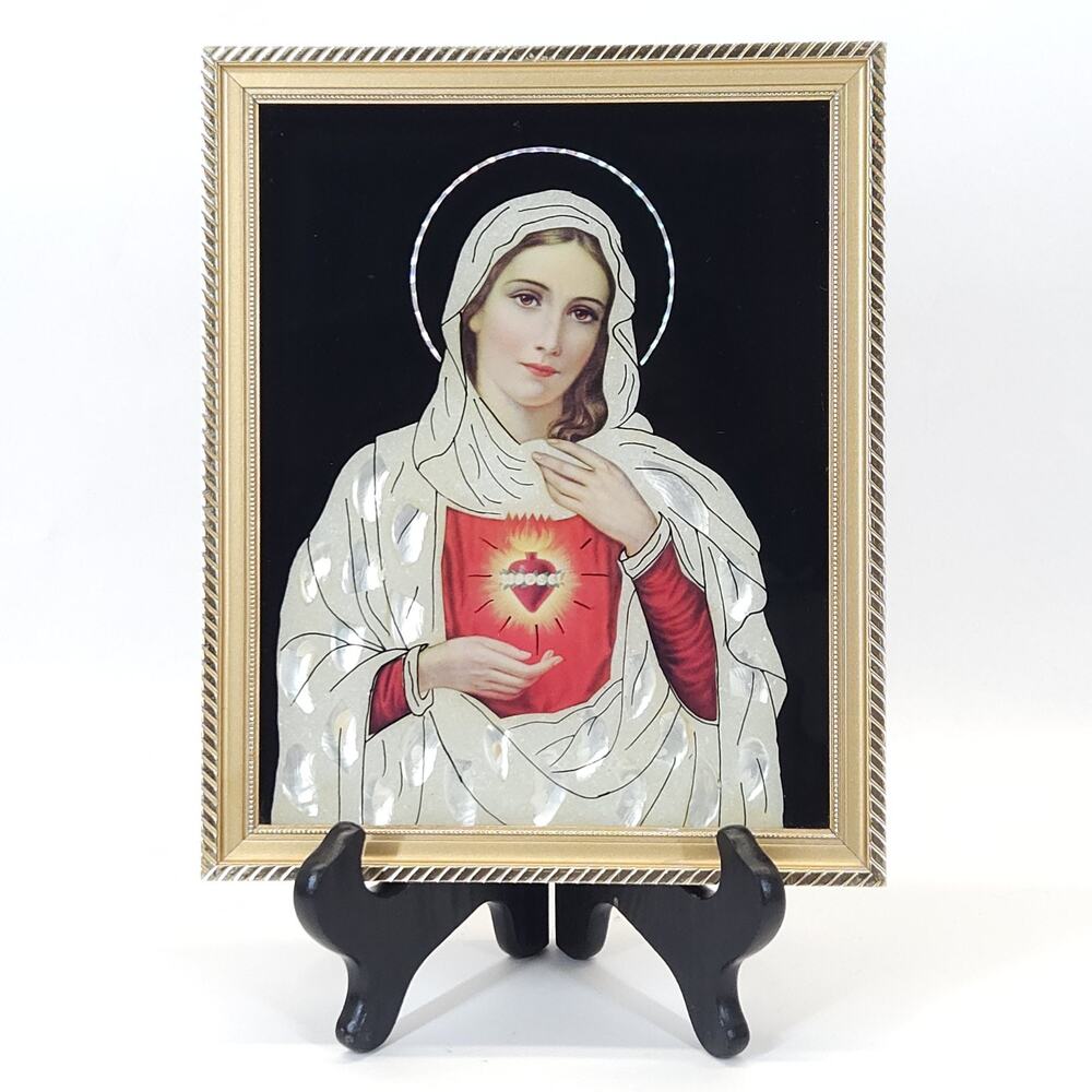 Vtg Sacred Heart of Virgin Mary Art Frame Pearl Inlay Religious Altar Decor 9x11